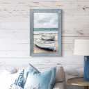 Seascape Beach Decor Wall Art: Ocean Coastal Boat Sea Bird Rustic Wooden Framed Painting Print Seagull Scene Artwork Seaside Relaxing Picture Decor for Bedroom Bathroom Living Room 24x16 Inch