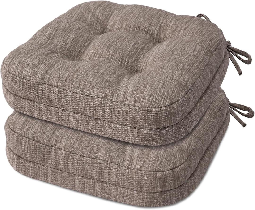 Shinnwa Dining Chair Cushions Set of 2, Dual-Layer Memory Foam Kitchen Chair Cushions, Patented Design Seat Pads with Ties, 16.5 x 16.5 x 3.5in, 2 Pack, Light Brown