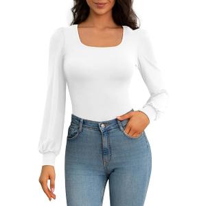 Square Neck Womens T Shirts Puff Sleeve Shirts for Women Long Slim Fitted Tee Tops S