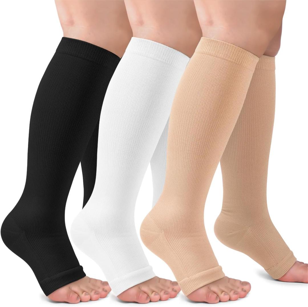 CTHH 3 Pack Open Toe Compression Socks for Women & Men, Toeless Knee High Stockings for Circulation Support, Black White Nude Large-X-Large