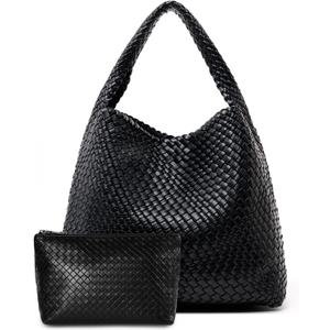 Large Woven Tote Bag for Women Weave Purse Woven Leather Handbag (Black)