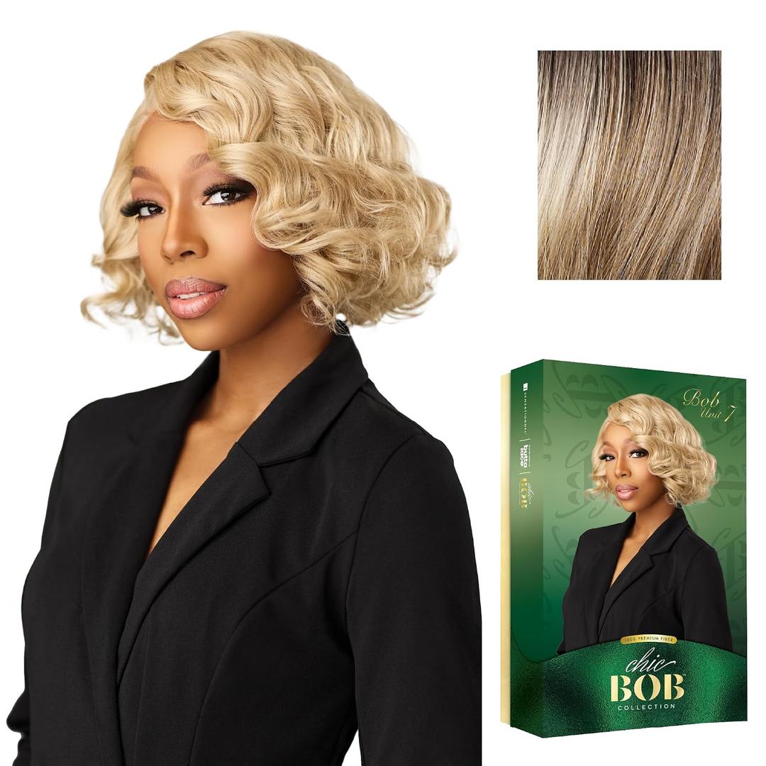 Sensationnel Chicbob Lace Frontwig - Bob Unit 7 Face Framing Glueless Wig Wide 5 Inch Deep Part Synthetic Preplucked Hairline (BALAYAGEASHBLONDE)