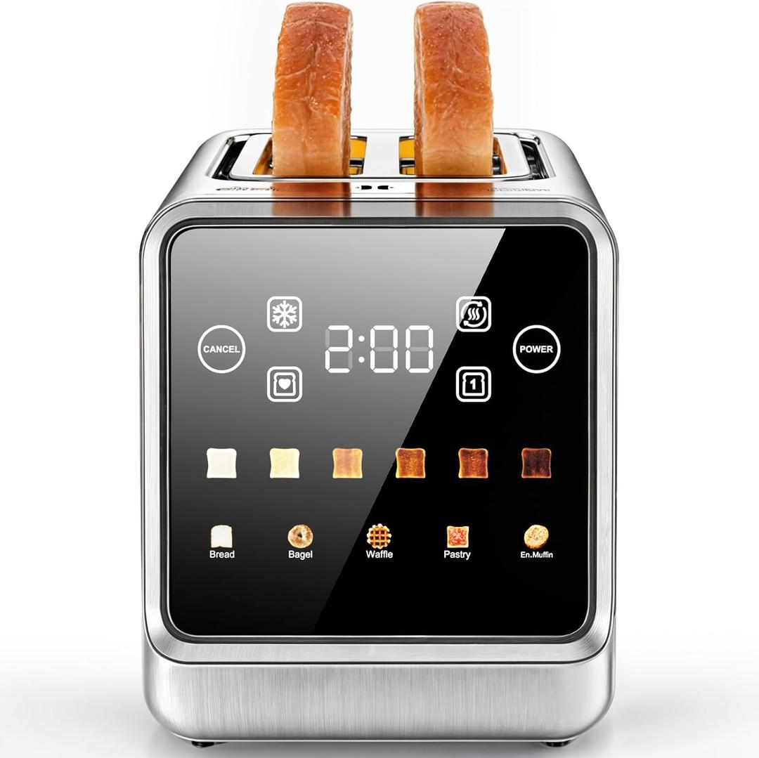 2 Slice Toaster Touch Screen 1.5" Wide Slot, Stainless Steel Digital Toaster with Single Slot Toasting, Memory Function, 5 Bread Types & 6 Shade Settings, 900W