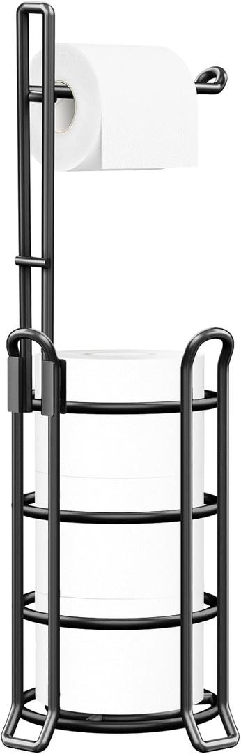 TomCare Toilet Paper Holder Toilet Paper Stand and Dispenser for 3 Spare Rolls Metal Wire Free-Standing Toilet Tissue Paper Roll Storage Shelf Bathroom Accessories Storage Organizer, Black