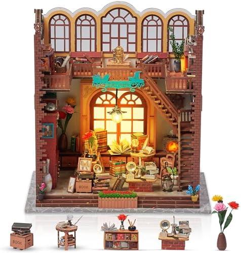 Prextex DIY Christmas Book Nook - 232 Building Pieces - Full Miniature Dollhouse Set with AAA Battery (Not Included) Operated Lights - Complete Toolkit Included - Ideal Holiday Decor for Ages 10+