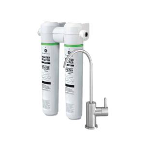 GE Dual Stage Under Sink Water Filtration System with Faucet, Reduces Lead, Chlorine & More, Easy Install, Twist & Lock Design, Replace Filters (FQK2J) Every 6 Months, GXK255TBN