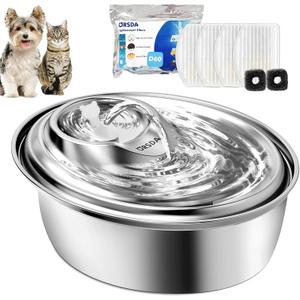 ORSDA Cat Water Fountain Stainless Steel, 3L Automatic Pet Drinking Fountain for Cats Inside, Dog Water Dispenser with Adjustable Water Flow and 6 Replacement Filters for Cats, Dogs