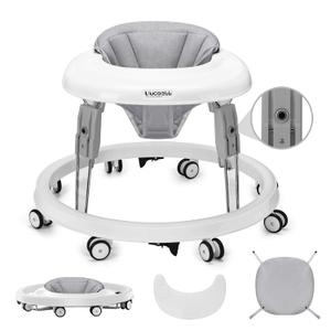 One-Touch Folding Baby Walker, Anti-Roll 8-Wheel Round Chassis, 7-Speed Height Adjustment, with Large Dinner Plate and Brake, 6-18 Months Baby Walker, Gray (Grey)