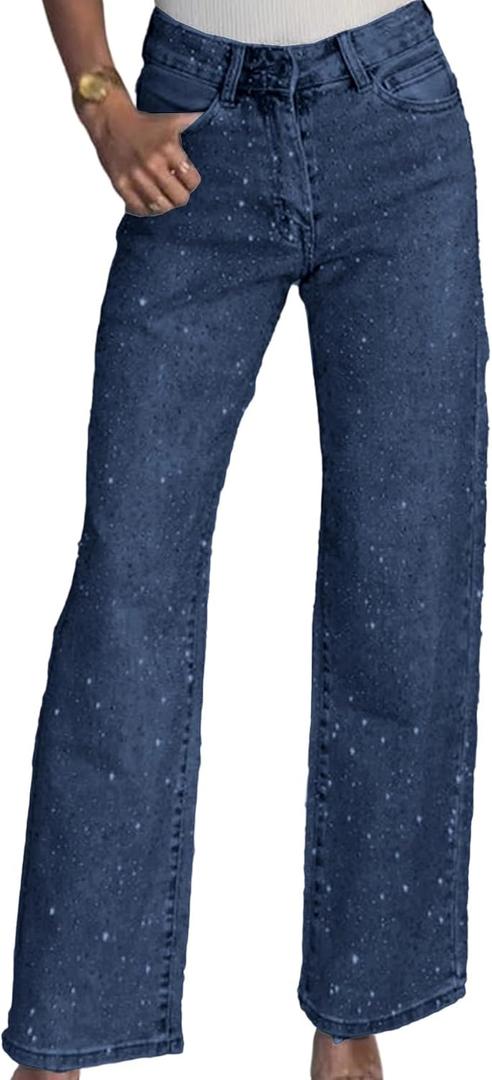 Famnbro Womens Rhinestone Jeans Baggy Y2K High Waisted Straight Wide Leg Sparkly Bling Glitter Denim Pants 3XL