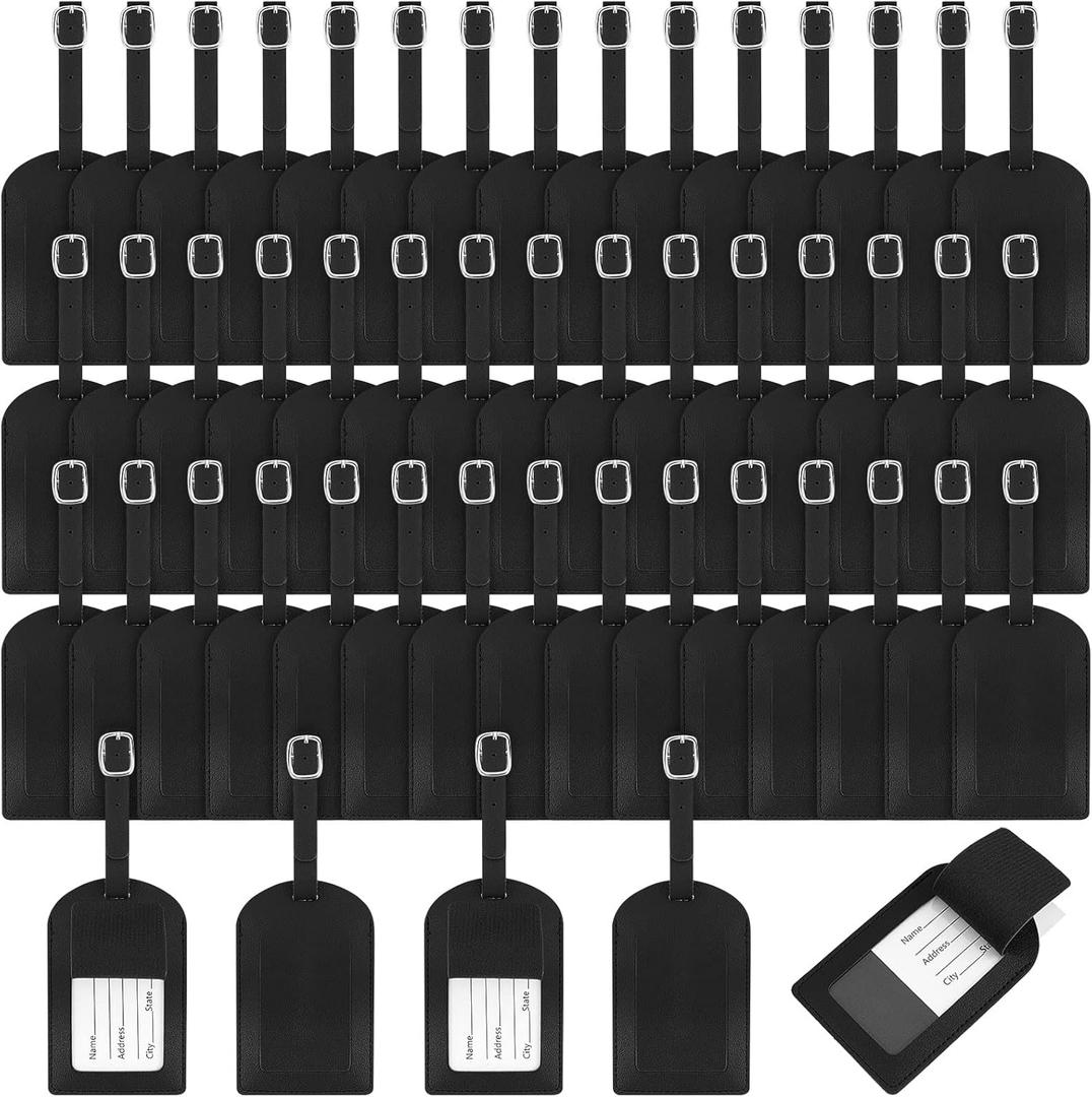 Hillban 50 Pieces Bulk Luggage Tag Travel Bag Leather Suitcase Tags with Full Privacy Cover and Name ID Card for Luggage Suitcase Baggage Handbag School Bag (Black)