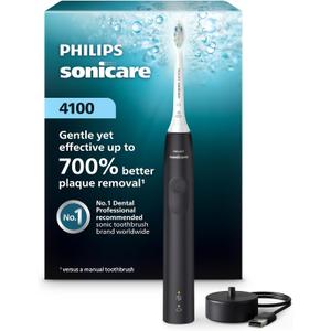 Philips Sonicare 4100 Series Electric Toothbrush - Sonic Toothbrush with Advanced Sonic Technology, Pressure Sensor, Two Intensity Settings, Smartimer & Quad pacer, Black, Model HX3681/24