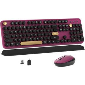 MPTOG Colorful Wireless Computer Keyboard and Mouse Combo with Round Typewriter Keycaps, Retro Design, Power Switch, Ergonomic Design, 2.4GHz Wireless for Windows, Mac, PCBlack-Claret