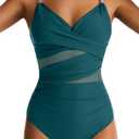Women Mesh One Piece Swimsuit Tummy Control Sexy Bathing Suits V Neck Push Up Swimsuits Slimming Swimwear (Blue, L)