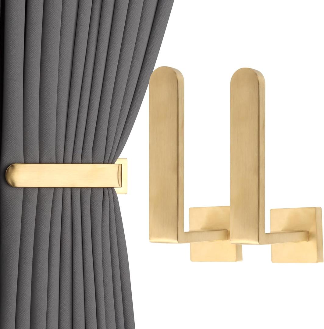 2 Pack Metal Curtain Holdbacks Modern Curtain Tiebacks L Shaped Curtain Hooks for Wall Curtain Pull Backs Curtain Holders Curtain Tie Backs for Curtains (2, Gold)