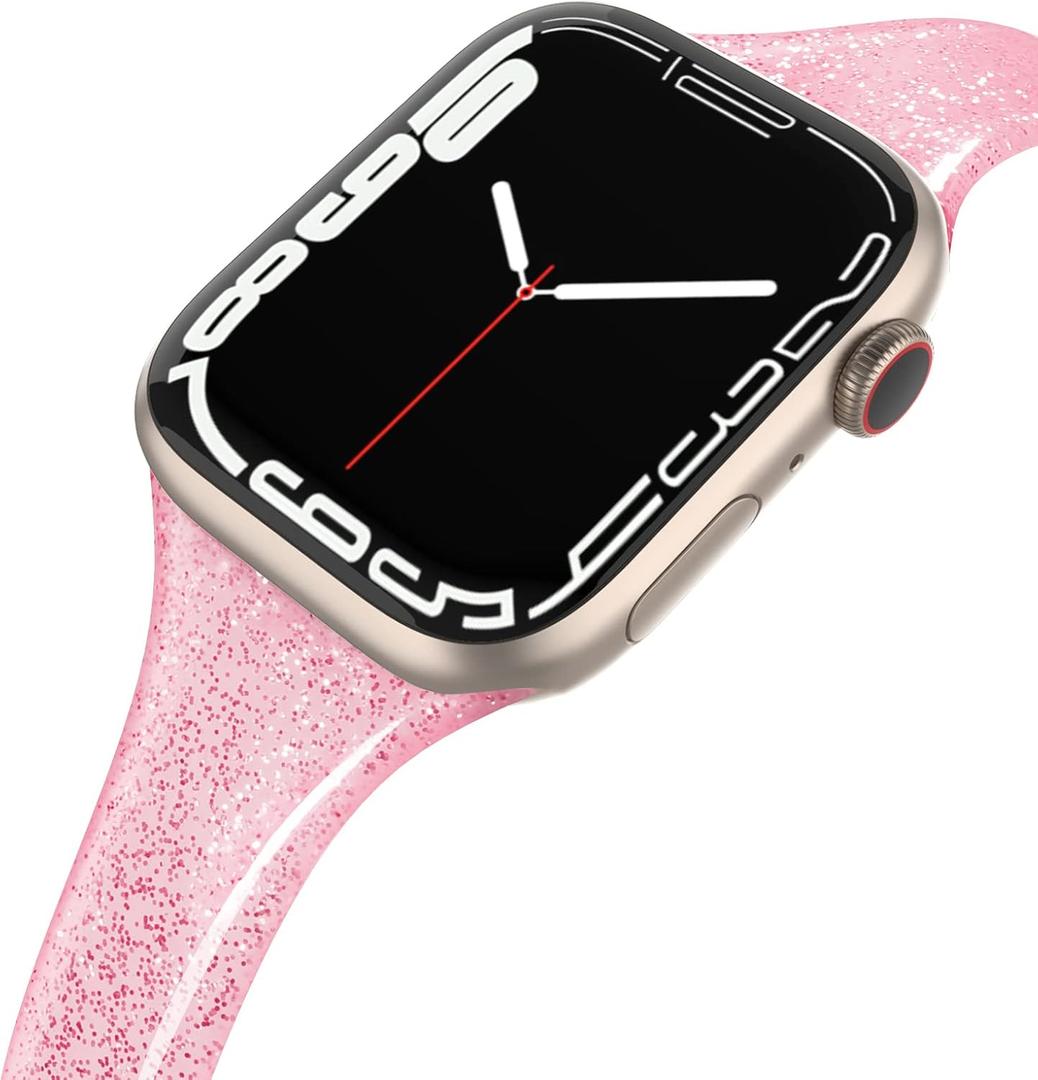 Compatible with Apple Watch Bands 42mm (Series 10) 41mm 38mm 40mm, Shiny Glitter Silicone Soft Slim Small Sport Replacement Strap Compatible for iWatch Series 10 9 8 7 6 5 4 3 2 1 SE Women (Glistening Rose Pink)