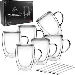 LIBWYS 6 Pack Double Walled Coffee Cups Glasses Mugs, 12oz Espresso Cappuccino Latte Tea Cups with Handle, Heat Resistant Borosilicate Clear Glasses 350ml