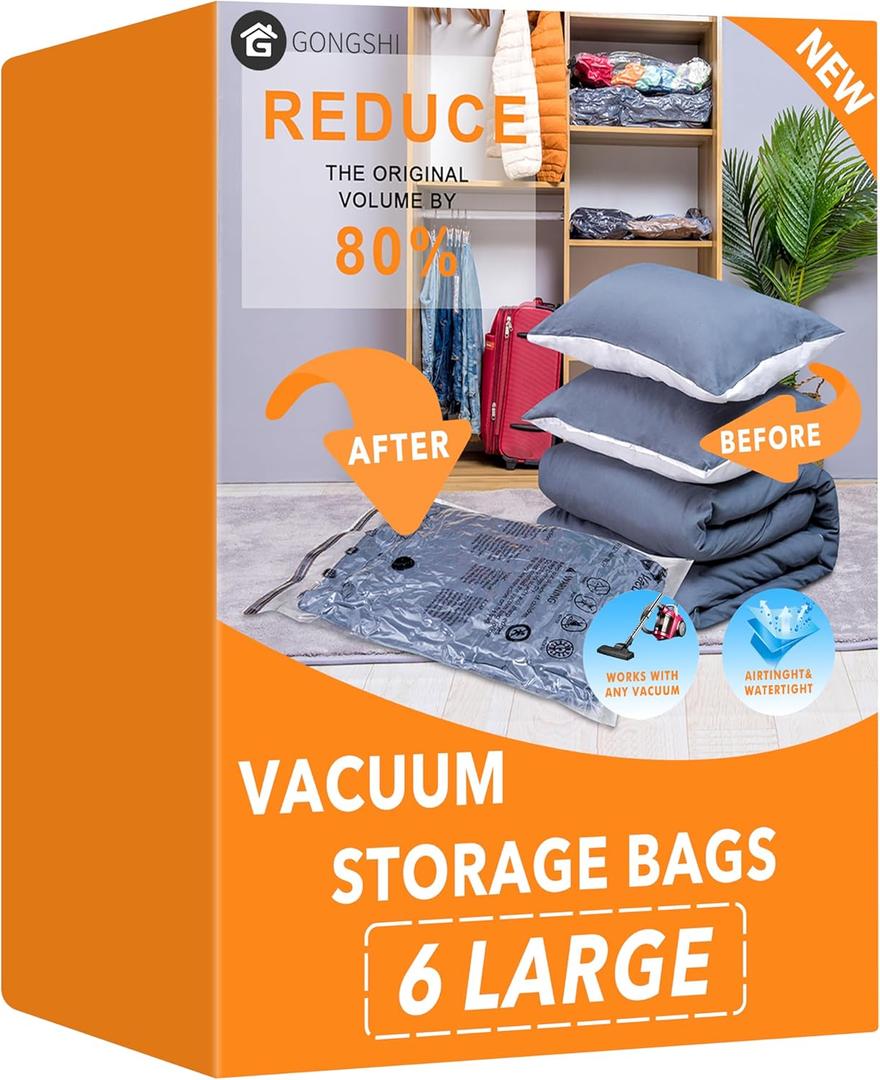 GONGSHI Vacuum Storage Bags, Space Saver Seal Bags For Clothing, Travel Luggage,Blankets, Comforters, Pillows, Clothes Storage.6 Large