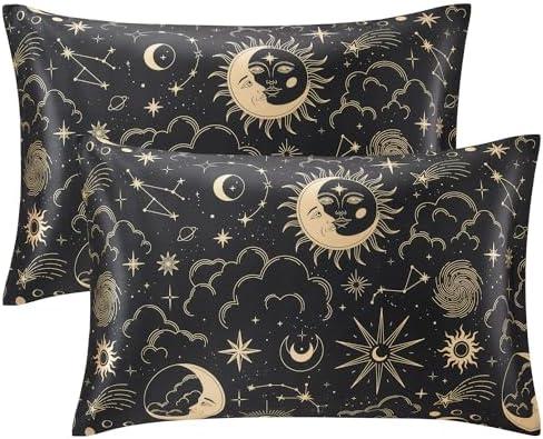 EXQ Home Satin Pillowcase for Hair and Skin King - Black Printed Silk Pillowcase 2 Pack 20x40 inches - Satin Pillow Cases Set of 2 with Envelope Closure, Gifts for Women Men
