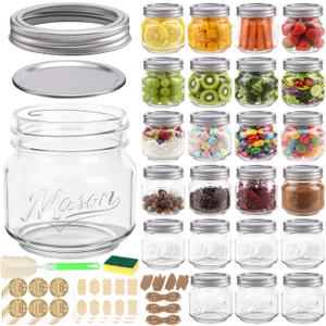 24 Pack 8 oz Mason Jars with Lids, Half Pint Canning Jars with Embossed Fruit Pattern, Small Glass Jars for Storing, Pickling, Jam, Overnight Oats, Wedding & Party Favors, Candle Making and DIY Crafts