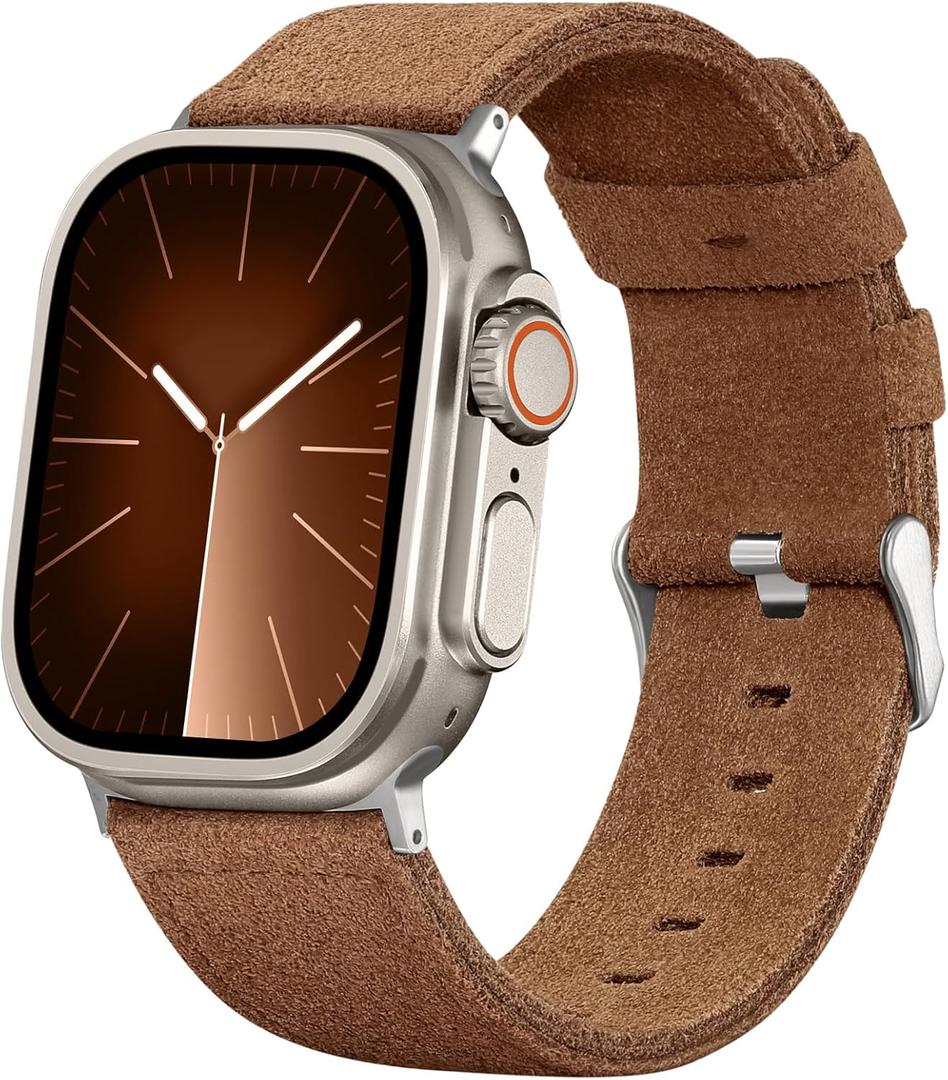 7 x Bandsie Leather Band Compatible with Apple Watch Ultra 3/Ultra 2/Ultra Band 49mm 46mm 45mm 44mm 42mm for Men, Vintage Genuine Suede Leather Wristband Strap for iWatch Series 11 10 9 8 7 6 5 4 SE 3 2 1 (Chestnut Brown)