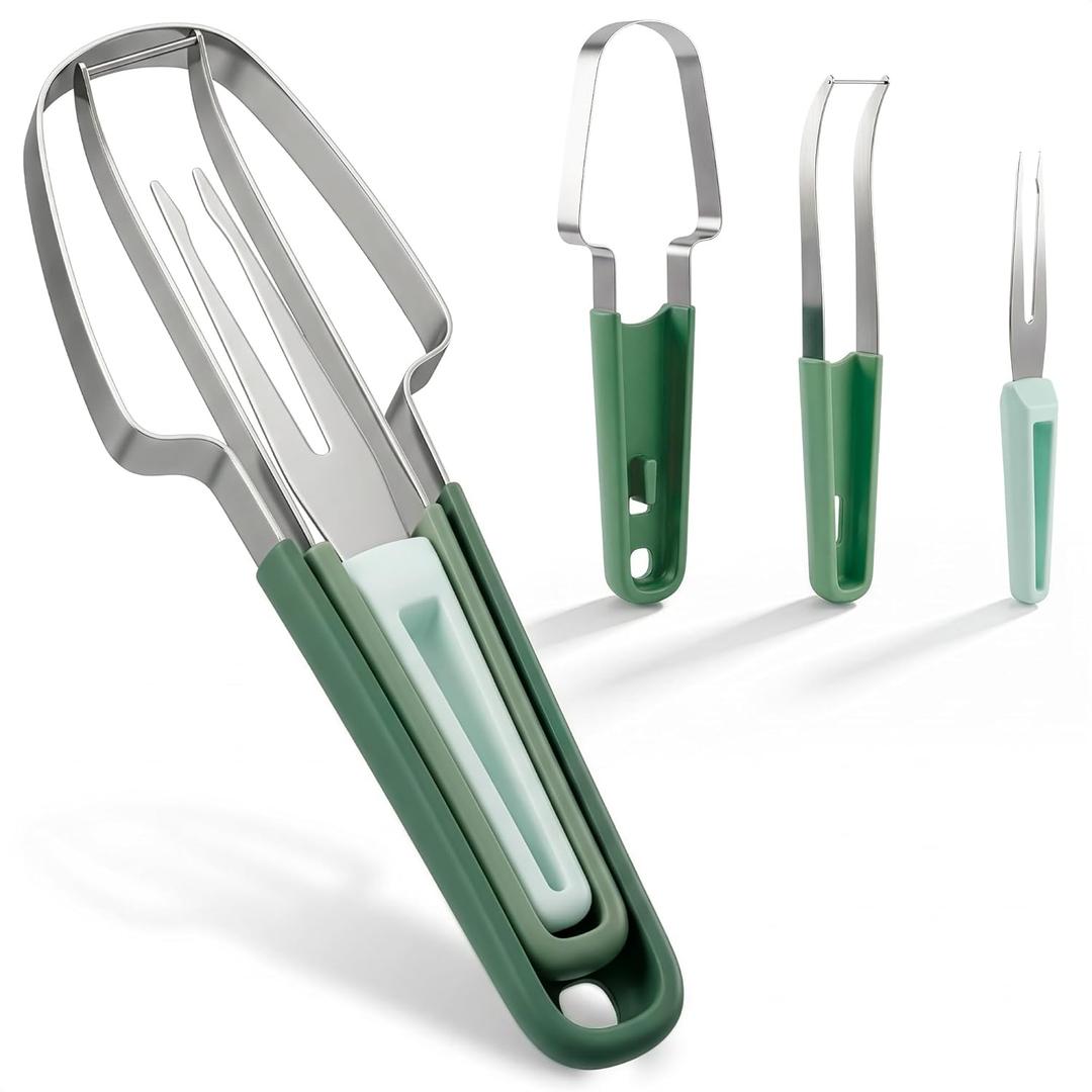 4 x 3-in-1 Watermelon Cutter Slicer Tool, Stainless Steel Kitchen Gadget | Watermelon Slicer Tool, Cuber & Fork Set; Slices Cubes & Wedges Mess-Free; for Summer Picnic, BBQ, Pool Party, Family Hosting