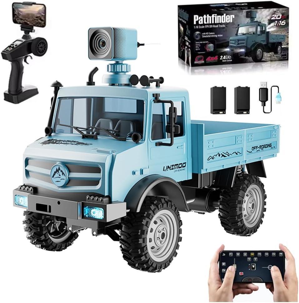 RC Military Truck, 1:16 Scale Remote Control Car with Camera, All Terrain Rock Crawler Off-Road Truck, 2.4GHz Army Transport Vehicle with 2 Rechargeable Batteries for Adults, Blue