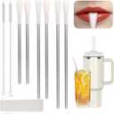 OUTXE Anti Wrinkle Straw 6 Pcs, Flat Wide Drinking Straw for Stanley Cup 40 oz 30 oz, Reusable Wrinkle Free Long Stainless Steel Metal Straw for Lip with Cleaning Brush and Carrying Bag, Cream Pink, 10mm