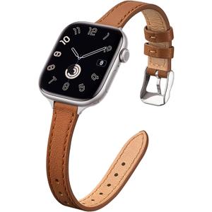 STIROLL Slim Leather Bands Compatible with Apple Watch Band 38mm 40mm 41mm 42mm(Series 11 10), Top Grain Leather Watch Thin Wristband for iWatch SE 9 8 7 6 5 4 3 2 1 (Brown Silver)