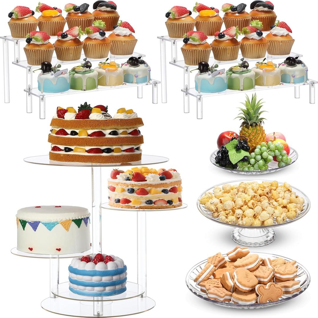 6 Pcs Acrylic Cake Stands Set Include 2 Display Risers 1 Pcs 4 Tier Cupcake Tower and 3 Clear Round Dessert Trays Cake Table Holder for Wedding Baby Shower Decoration (Retro Style)