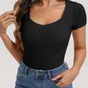 Belle Poque Women's Short Sleeve Square Neck Tops Slim Fit Ribbed Knit Basic Tee Tops Spring Summer Casual 2026 (Black, XL)