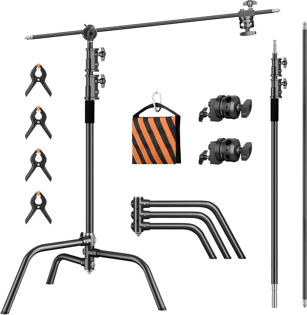 Heavy Duty C Stand 6.9ft/210cm with Holding Arm Sandbag Grip Head Stainless Steel Photography Light Stand C-Stand Sturdy for Photography Studio Video Monolight Softbox Shooting (Black)
