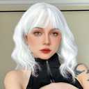 LOSMOEER White Wig with Bangs Short Wavy Wigs for Women Shoulder Length Curly Bob Wigs Heat Resistant Synthetic Wigs for Halloween Cosplay Daily Party Use (14 Inch)