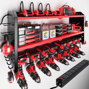 KAFAHOM Power Tool Organizer with Charging Station, Built in 8 Outlet Power Strip, Large 8 Drill Holder Wall Mount, Heavy Duty Metal Power Tool Storage Rack Tool Shelf for Garage Organization Red (8 DRILL RED, Red-32 inches)