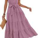 dowerme Women's Summer Casual Dresses 2026 Cap Ruffle Sleeve V Neck Button Belted Tiered Boho Maxi Dress with Pockets(Light Purple, Medium)