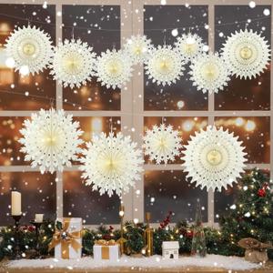 TaoBary Paper Snowflake Garland Banner Winter Christmas Decoration Hanging 3D Paper Snowflake Garland Neutral Wonderland Decorations for Windows Fireplace Mantle Shelf Wall Holiday Party Supplies