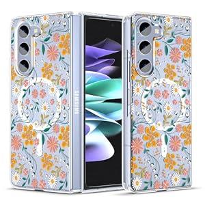 JUMIUSTNB Magnetic Case for Galaxy Z Fold 5, Clear with Flowers, Slim Anti-Yellow Hard PC Protective Soft TPU Bumper Shockproof Cute Case, Daisy(10-64)