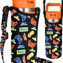 Miss Adola Water Bottle Carrier with Strap - Handheld Kids Water Bottle Holder for 14-20 oz Cute Cartoon Design Neoprene Crossbody Bottle Sling Bag for Boys for Insulated Drink Bottle, Colorful Game