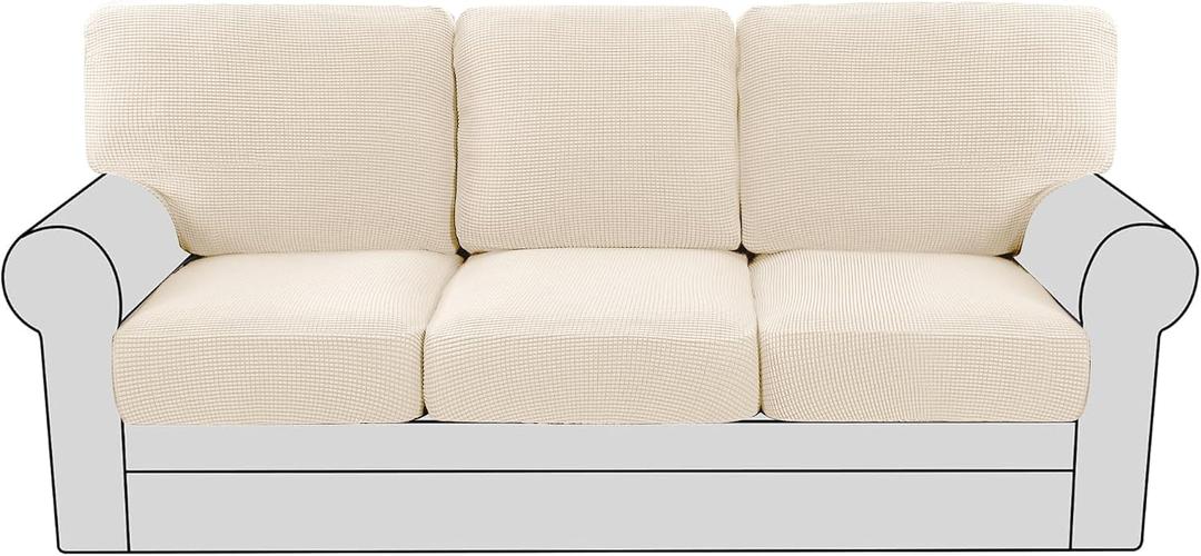 H.VERSAILTEX Multi-Pieces Sofa Covers for Three Cushion Couch Sofa High Stretch Seat Cover Jacquard Textured Twill Fabric(3 Seat Cover Plus 3 Back Cushion Covers, Cream)