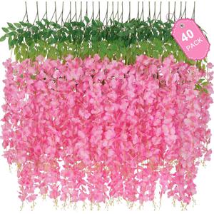 40 Pack Wisteria Hanging Flowers,Hanging Flowers,Fake Wisteria, Hanging Flowers for Decoration,Artificial Flowers,Vines for Bedroom, Wisteria for Wedding Decorations for Home Party(3.6 Ft/Pcs, Pink)