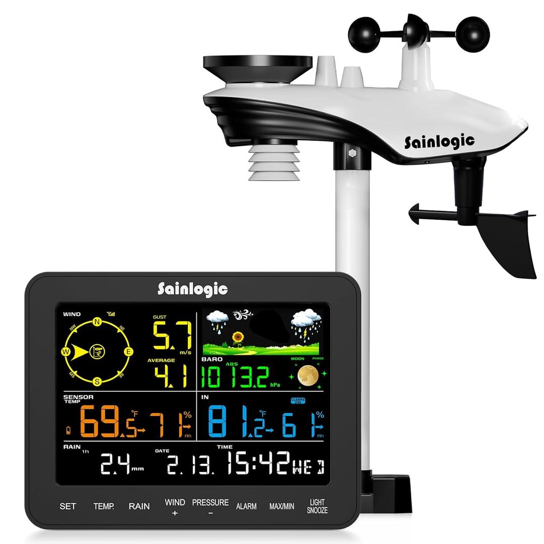 Sainlogic Weather Station Wireless, Weather Station with Rain Gauge, Wind Speed, Wind Direction, Weather Forecast, Air Pressure, Humidity (No WiFi)