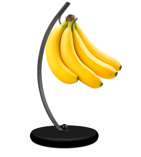 HOMKULA Banana Holder Stand - Banana Hook Hanger, Banana Tree Holder, Banana Rack for Kitchen Counter, Stainless Steel&Wooden Base,Itemstand, Metal Bar C4