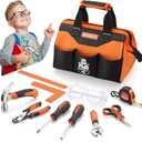 REXBETI 10-Piece Kids Tool Set with Real Hand Tools, Orange Durable Storage Bag, Children Learning Tool Kit for Home DIY and Woodworking, 6+ Years Old Birthday Gift