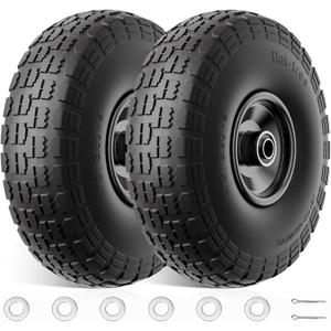 2 Pack 4.10/3.50-4 Tire and Wheel Flat Free, 10 inch Wheels 5/8" Bearings, 2.2" Offset Hub, Solid Tires for Garden Cart, Wheelbarrow, Hand Truck, Lawn Cart, Dolly, Wagon Wheels Replacement