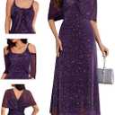 BeryLove Sequin Formal Cocktail Long Dress Evening Wedding Guest Mother of The Bride Dresses with Shawl (Medium, Purple)