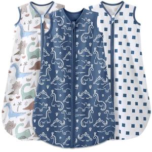 Yoofoss Baby Sleep Sack 18-24 Months Baby Wearable Blanket 100% Organic Cotton 2-Way Zipper TOG 0.5 Toddler Sleeping Sack 3 Pack,Soft Lightweight(X-Large) (Dinosaur)