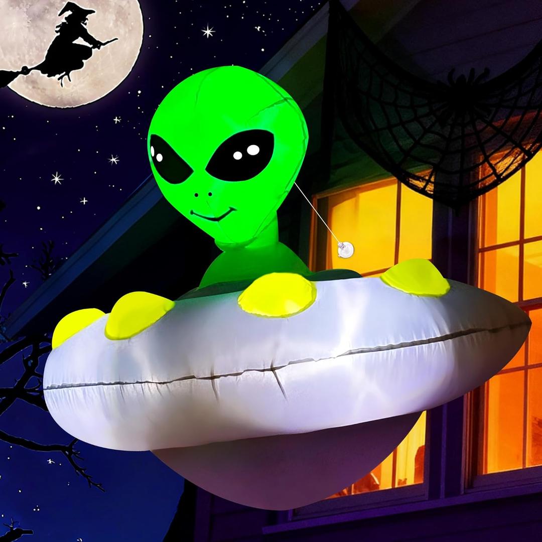 ZPISF 4 FT Halloween Inflatable Alien in UFO Outdoor Decorations, Alien UFO Window Inflatable, Green, LED