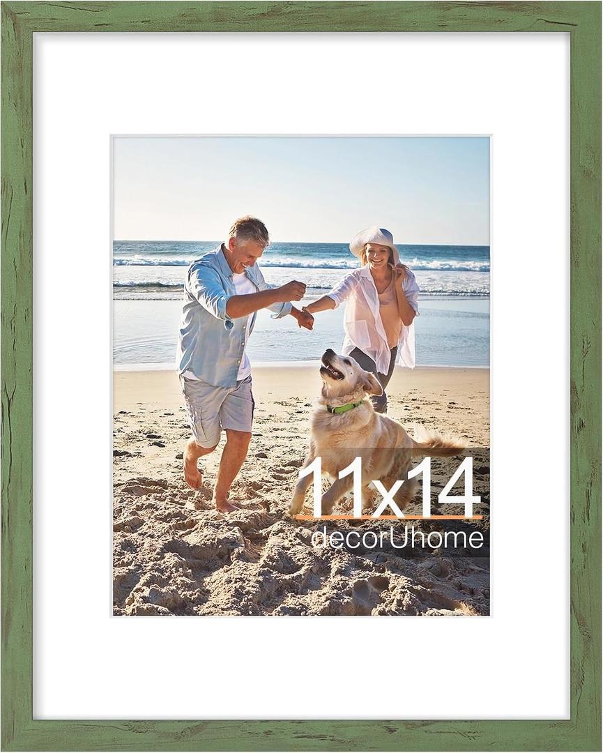 decorUhome 11x14 Picture Frame, Display Pictures 8x10 with Mat or 11x14 without Mat, Wall Mounting Photo Frame, Rustic Green, 1 Pack