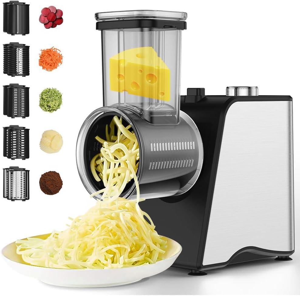 Electric Cheese Grater for Block Cheese, 250W Electric Vegetable Slicer, Salad Shooter with 5 Different Blades, Electric Graters for Kitchen, Cheese, Vegetables