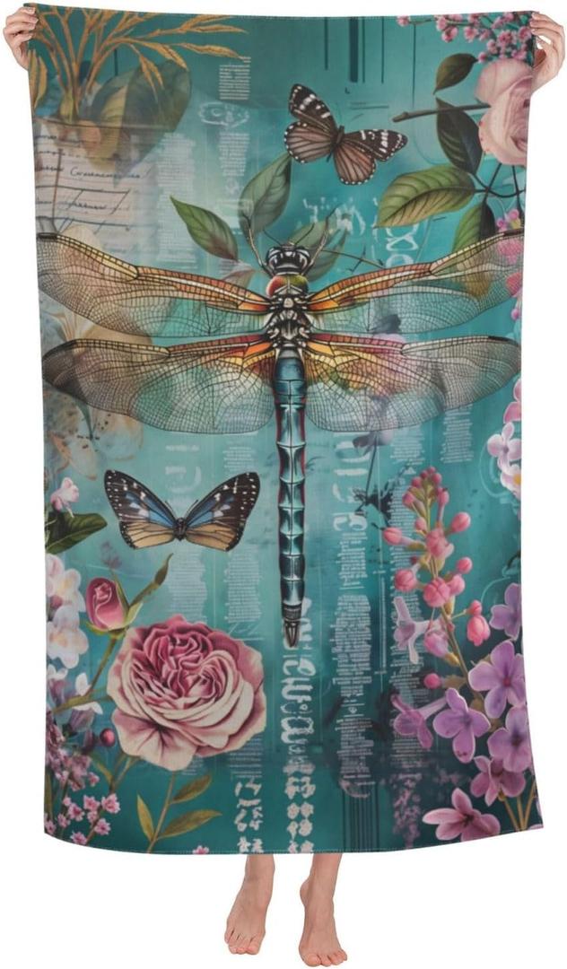 Dragonfly Beach Towel 31inx51in, Botanical and Butterfly Sand-Free Microfiber Bath Towel Ultra Soft Quick Dry Pool Towel Absorbent Towel Lightweight Towel for Swimming Bathroom Decor (One Size, Color 161)