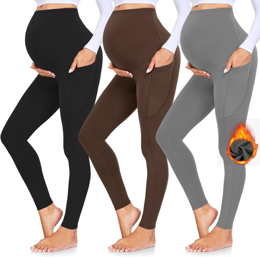 GROTEEN 3 Pack Women's Maternity Leggings with Pockets Over The Belly Workout Yoga Pregnancy Pants (Large, 01c-black/Coffee/Dark Gray-fleece Lined)